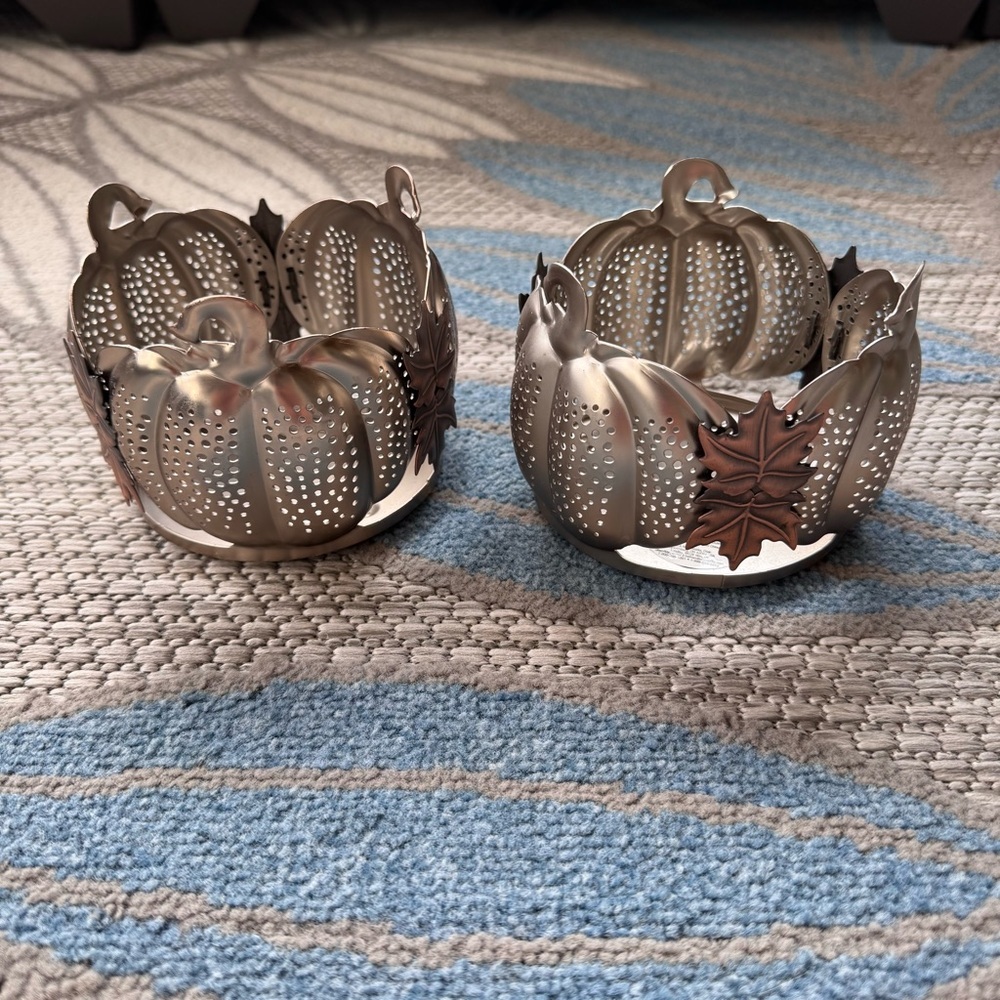 Bath & Body Works Autumn Harvest‎ Pierced Pumpkin Leaves Candle Holder Set of 2